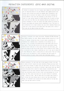 A folio page describing three production experiments used in the production of a comic, with each visual outcome compared.