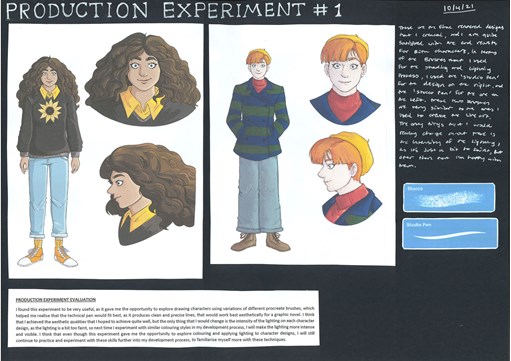 A folio page showing the first production experiment results and evaluation. The experiment tested illustration techniques for a graphic novel. 