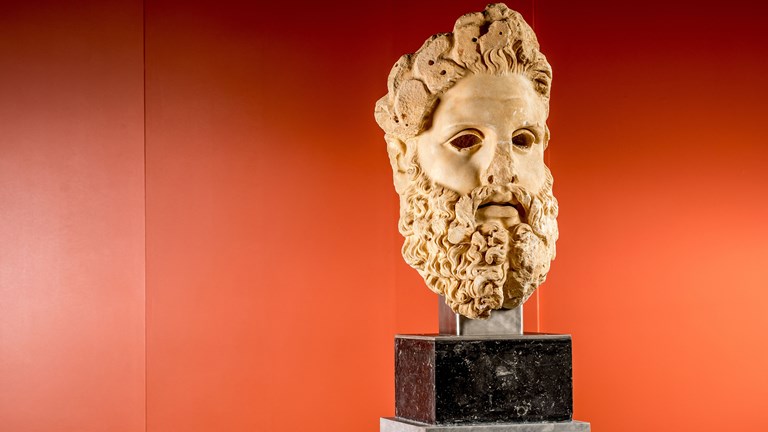 Sculpture of a bearded head perched on a plinth, against a red background