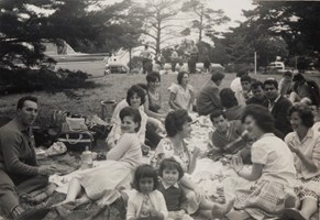 A large family have a picnic in a public park