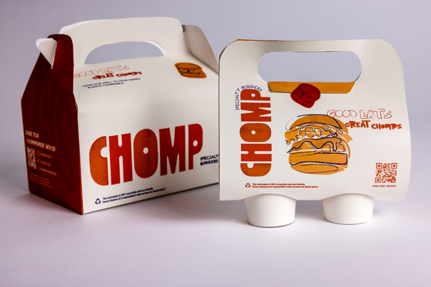 Burger packaging with a handle, featuring a white and red design and a burger illustration.