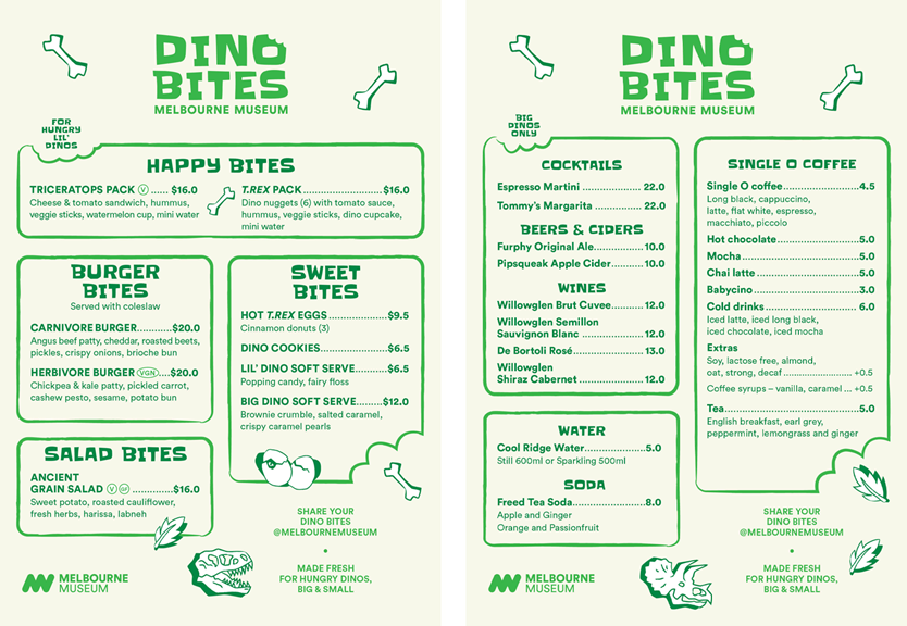 Dino Bites Menu a list of food options printed in green text on a cream background