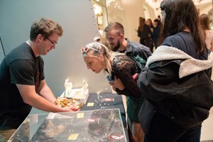 A museums Victoria scientist shows the skull of an Australian megafauna at Nocturnal, Melbourne Museum.