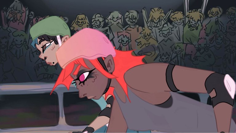 Frame from an animation, showing two characters wearing helmets and elbow pads. A crowd cheer in the background.