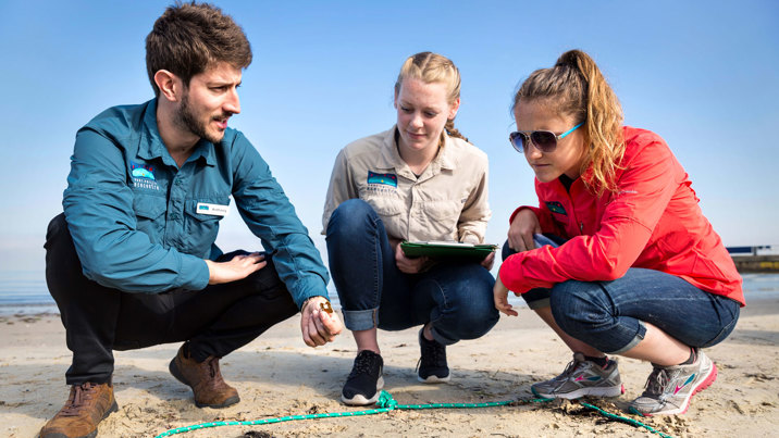 A group of scientists discuss plastic waste at the beach