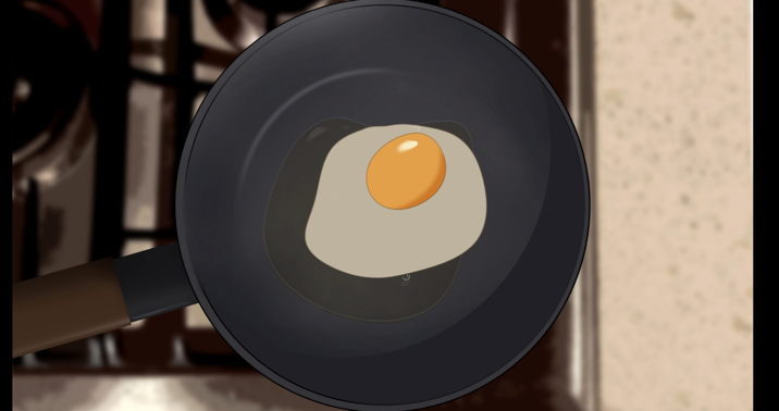 Illustrated fried egg cooking in a black frying pan, viewed from above, with a blurred kitchen background.