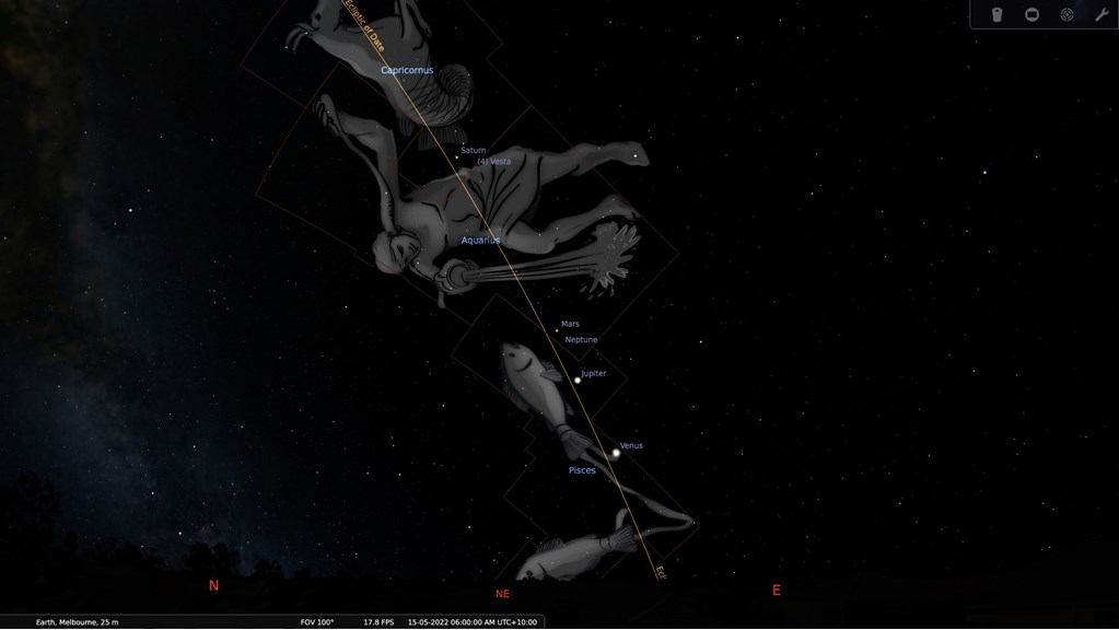 Constellation map indicating that Venus and Jupiter are in Pisces, Mars sits in Aquarius and Saturn is high in Capricorn