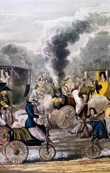 a colourful illustration of several carriages, carrying extravagantly dressed people, billowing clouds of steam