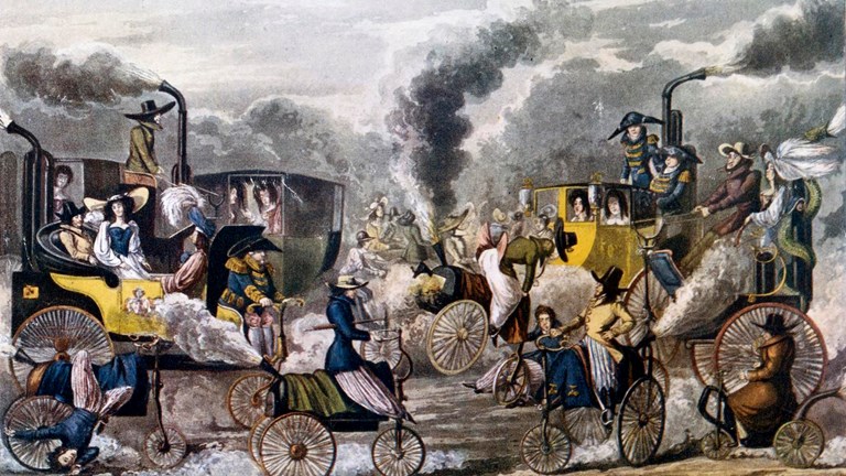 a colourful illustration of several carriages, carrying extravagantly dressed people, billowing clouds of steam