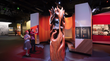 Sculpture of Waa in First Peoples exhibition at Bunjilaka