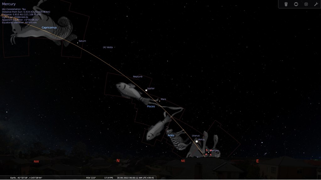 A computer visualisation of the sky above Melbourne with five visible planets in view, with Mercury highlighted and Uranus, Neptune and Vesta also marked