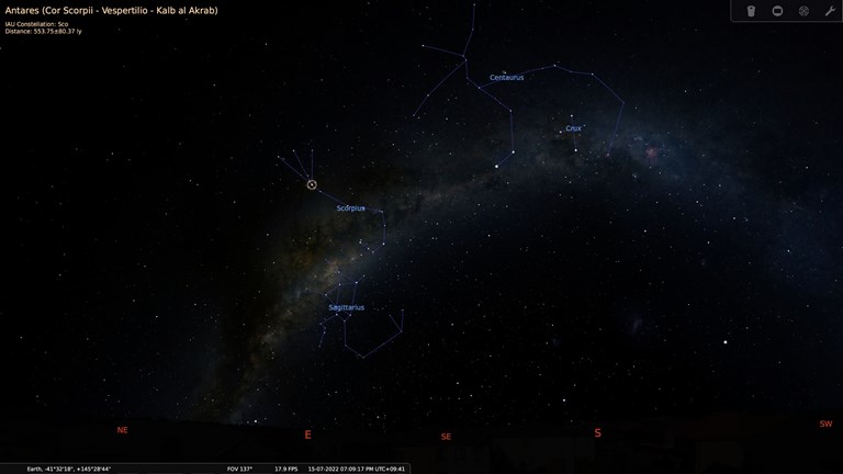 Satellite image of the constellations Sagittarius, Scorpius, Centaurus and Crux. Antares, the brighests star in the constellation of Scorpius is circled