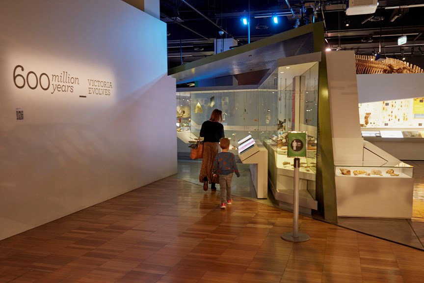 a mother and child looking at objects behind glass 