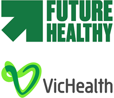 A logo green arrow pointing upward to the right with the words Future Health next to it; below is a logo with a green v-shaped swirl and the words VicHealth next to it.