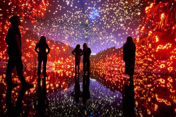 People standing in a room illuminated with colourful projection