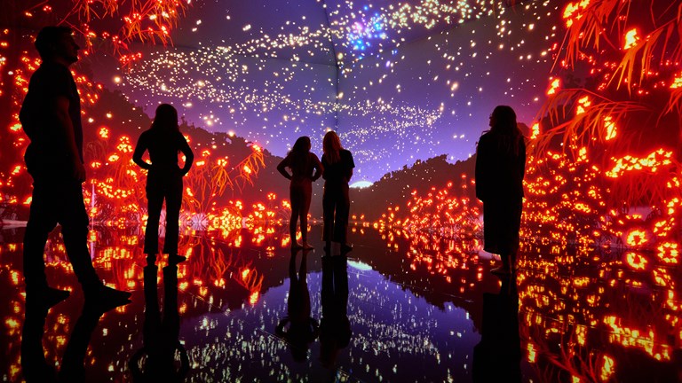 Five people in silhouette in a brightly lit, immersive virtual environment inclusive of a starry sky and vivid red floral shapes