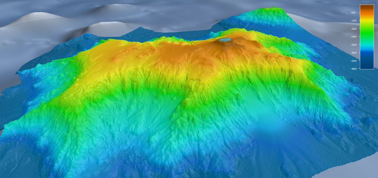 A computer generated, multi-coloured image of an underwater mountain