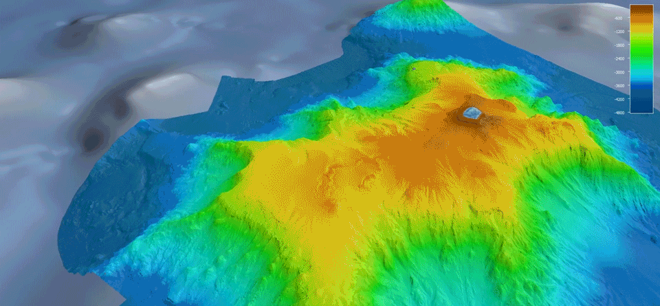 a rotating computer generated image of an underwater mountain 
