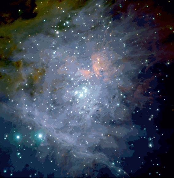The quartet of young stars making the Trapezium Cluster deep inside the Orion Nebula. 