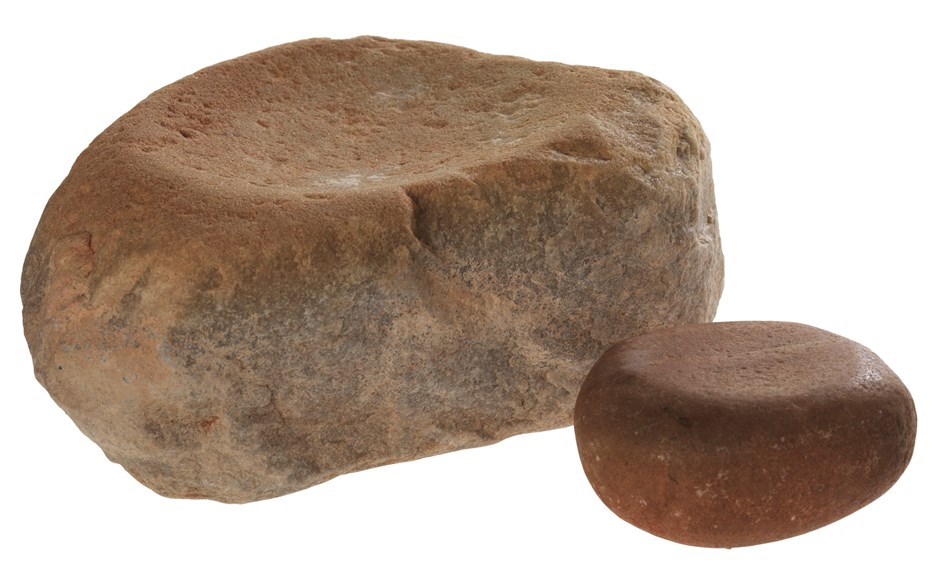 A set of two grindstones. These are made of quartzite and were found at Chowilla Dam.