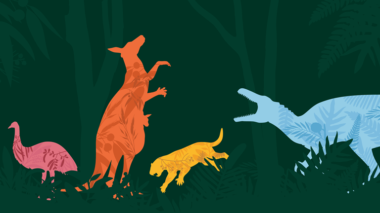 Several animals in silhouette in stylised rainforest landscape