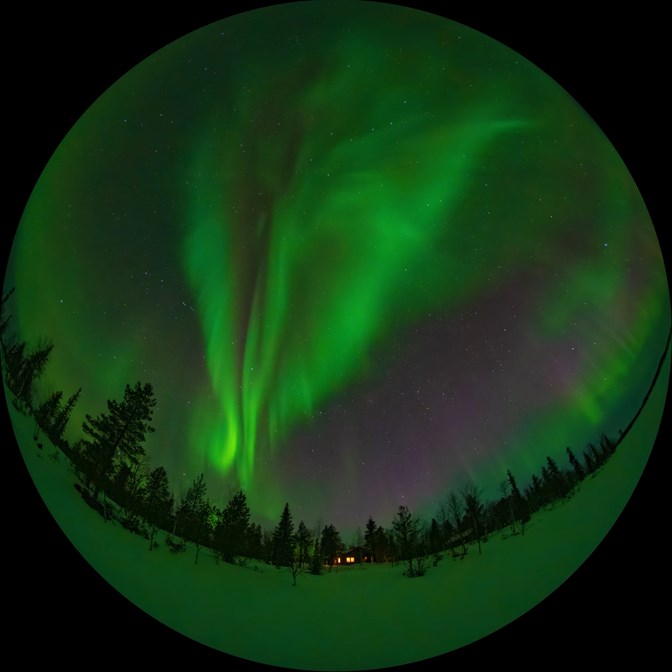 A spherical image of the Northern Lights above a forested snowscape