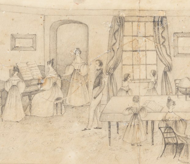Sketch of a 19th century drawing room full of people - women, mostly. One woman is playing the piano; others are standing or seated around a table.