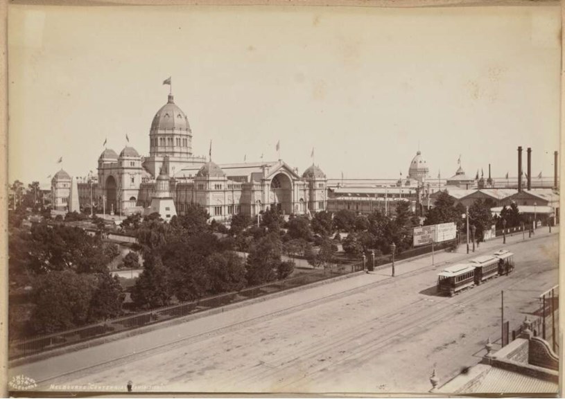 Photograph pf the Royal Exhibition Building, the south portion of the Carlton Gardens and Nicholson Street circa 1888