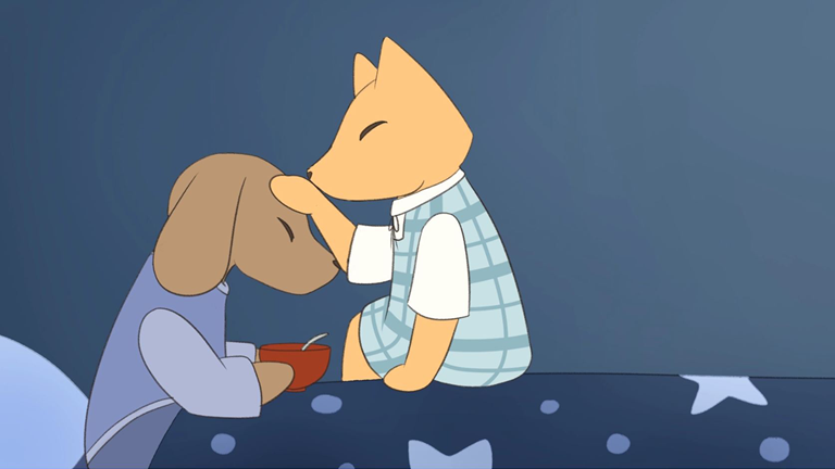 A frame from an animation, depicting a dog sitting with a bowl while a fox pats the dog’s head.