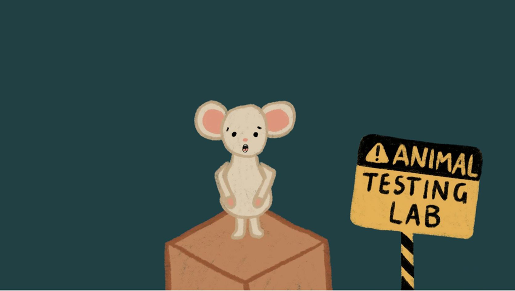 An illustration of a mouse standing on a box, with a black and yellow hazard sign reading ‘Animal testing lab’.