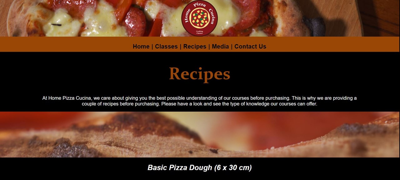 A screenshot of a business website titled ‘Home Pizza Cucina Cooking Classes’, with links to a home page, classes, recipes, media and contact details.