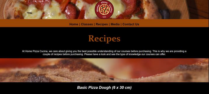A screenshot of a business website titled ‘Home Pizza Cucina Cooking Classes’, with links to a home page, classes, recipes, media and contact details.
