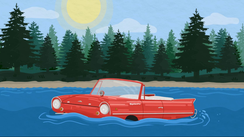 A digital illustration of a red car sinking in the ocean, with trees, clouds and sun in the background.