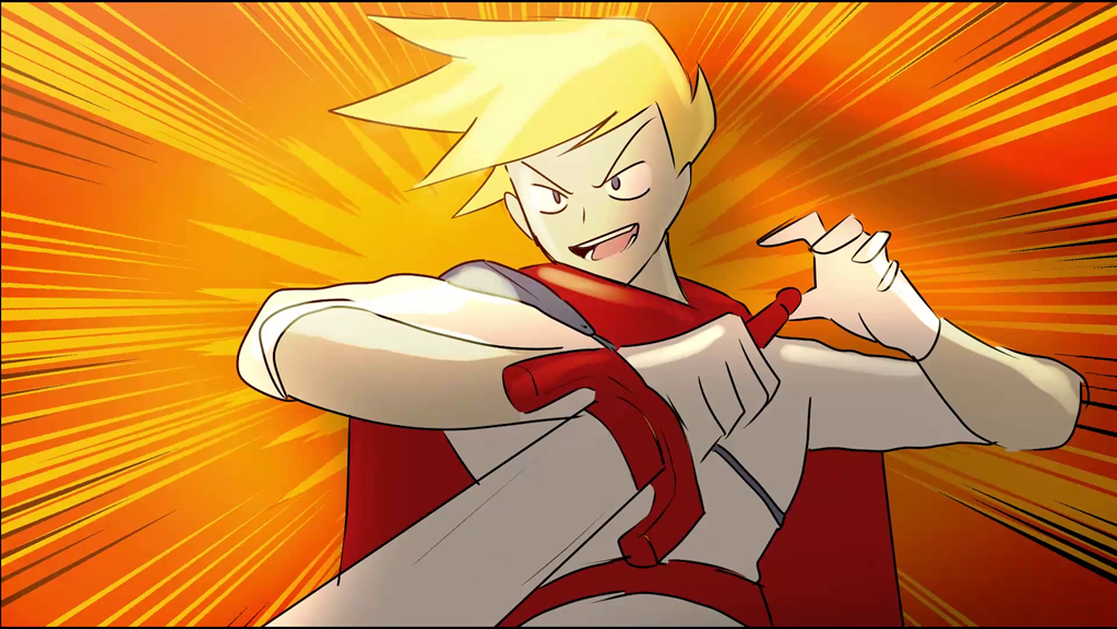 A blonde cartoon superhero holding a sword.