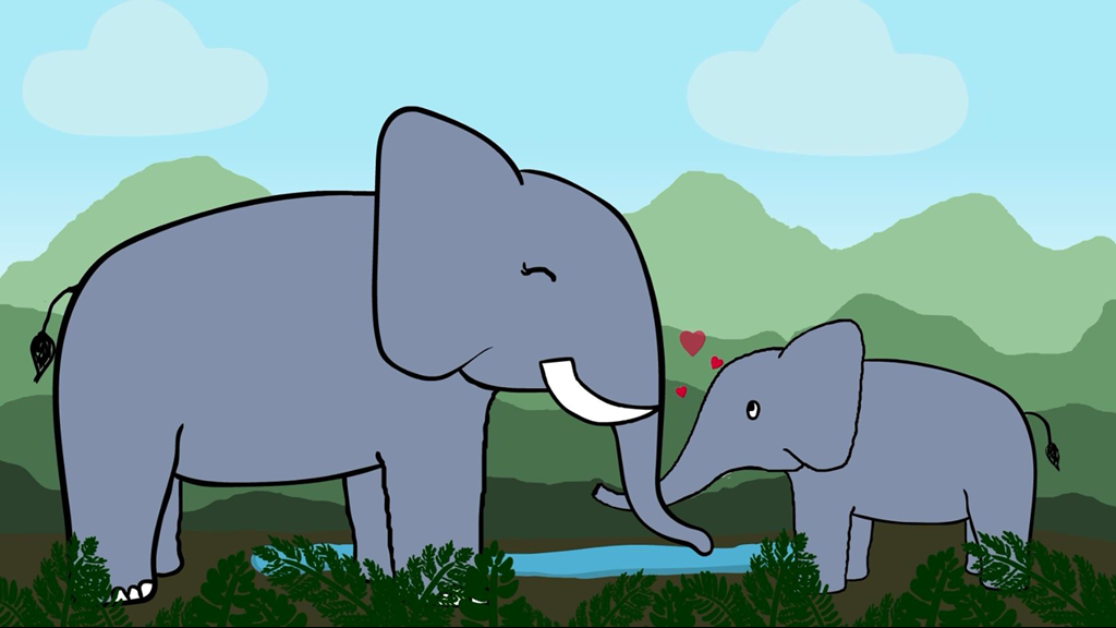 A digital illustration of an adult elephant and baby elephant touching trunks, set against a background of mountains, grass and a pond.