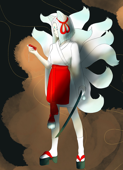 A digital illustration of an anime style character with animal ears and nine white tails. They wear a white and red robe and hold a sword in one hand.