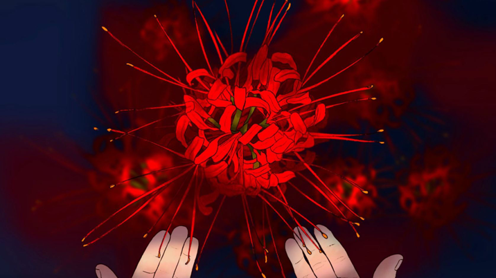 A digital artwork of a red flower set against a black and red background, with hands outstretched towards the flower.