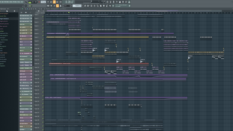 A screenshot of FL Studio audio editing software, showing layering of several audio tracks.