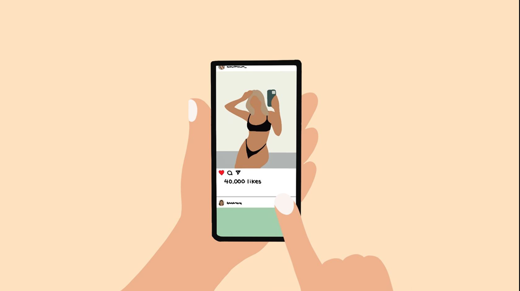 A digital illustration of hands holding a phone. The phone shows an app that has a post of a person in a bikini with ’40,000 likes’