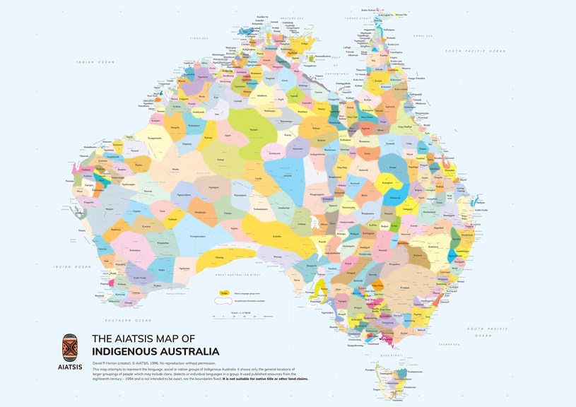 A colourful map of Australia showing First Peoples clan and language communities