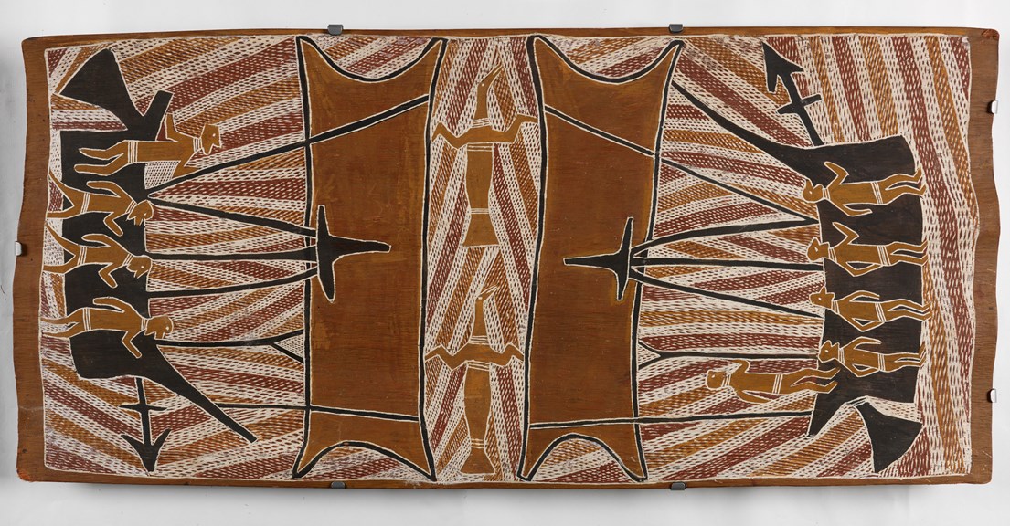 Painting on stringybark depicting groups of human figures on either side standing in front of boats, with two creatures in the middle