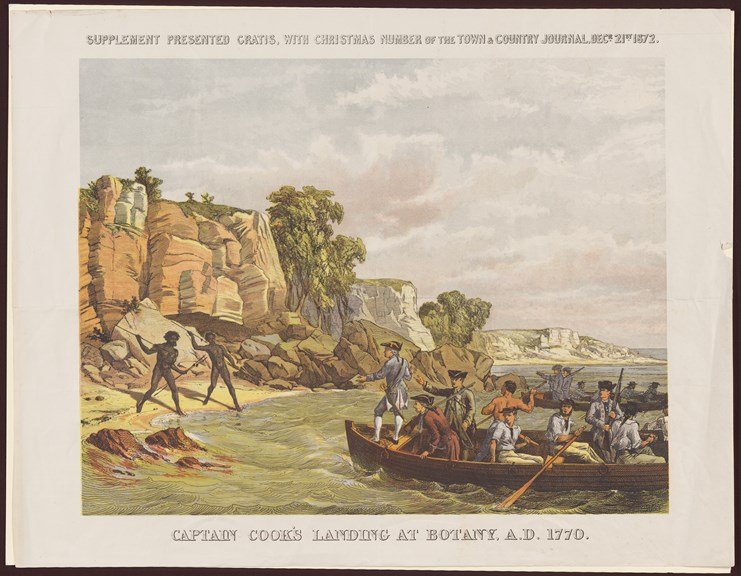 Colour illustration showing James Cook landing at Kamay/Gamay (Botany Bay) in 1770, with two indigenous males in threatening posture on shore