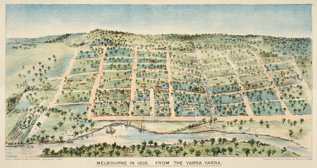 Colourful, drawn view of early Melbourne from the Yarra, showing the Hoddle grid and landscape around the city