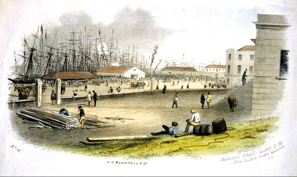 Melbourne wharf looking south west from the Customs House enclosure, 1858.