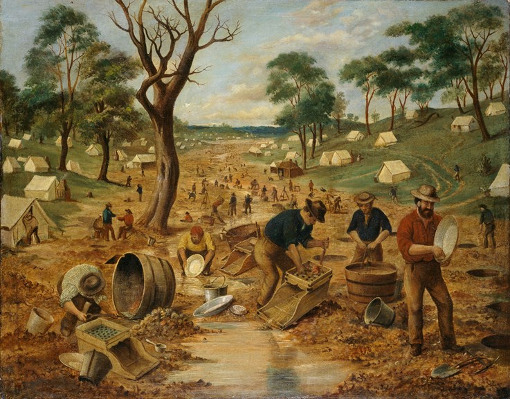 Miners on Australian goldfields, 1850s.