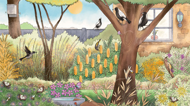 A backyard garden full of wildlife in the day