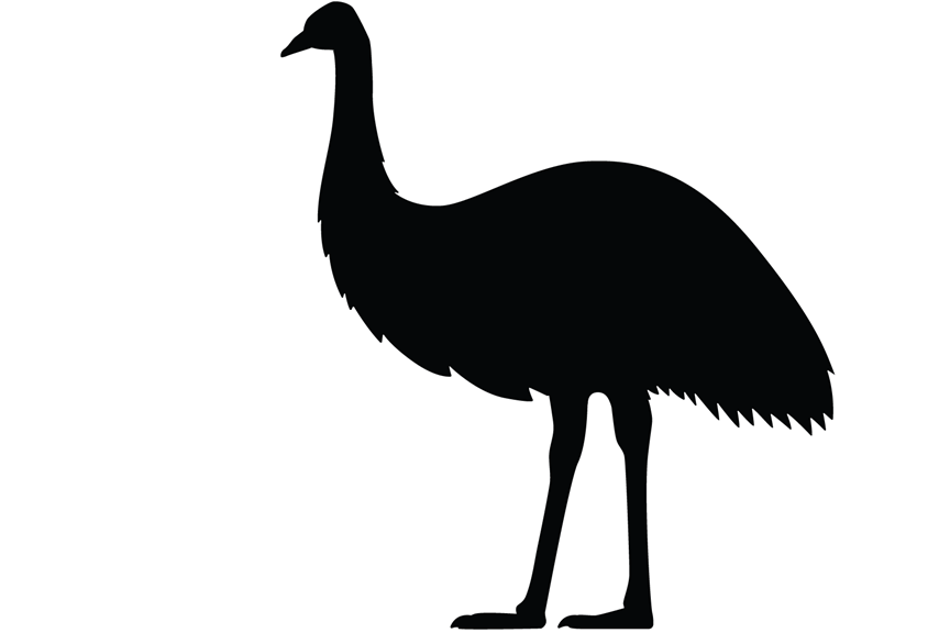 Silhouette of an emu standing on both legs, facing left. 