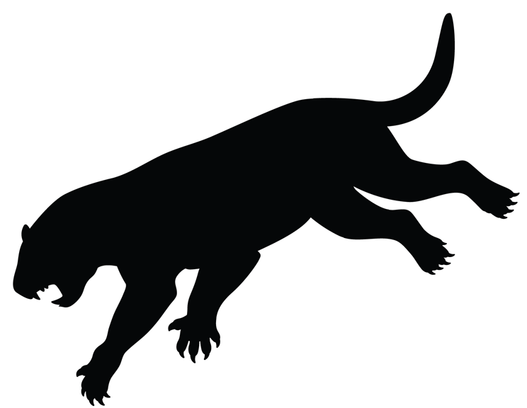 The silhouette of a lion-like animal mid-jump with claws drawn and teeth exposed.   