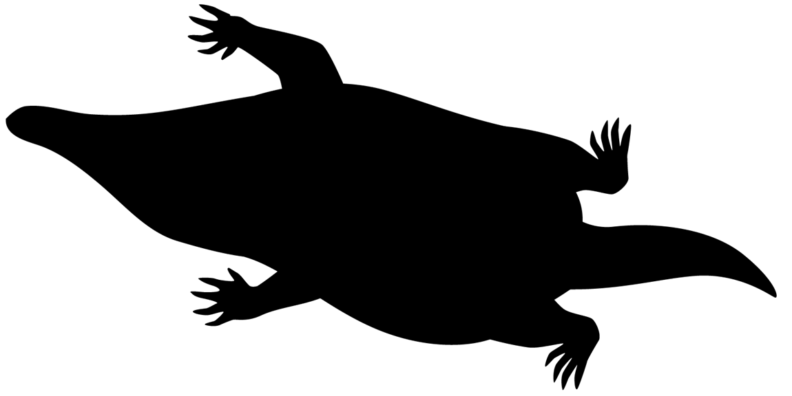 Silhouette of a tiny, pudgy marsupial with a long nose, fur, and stumpy legs that end in claws.