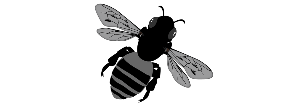 Silhouette of a native bee with a short, round face and distinct stripes across its body.   